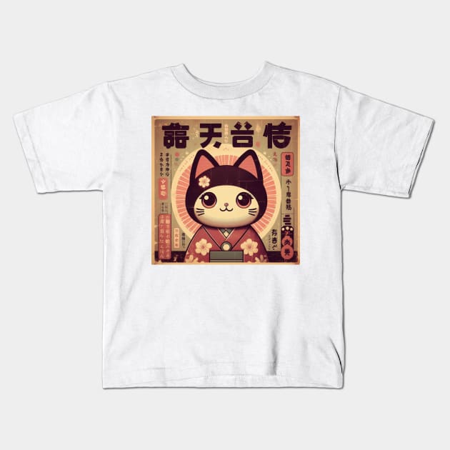 Kawaii Kitten in Vintage Kimono Kids T-Shirt by IA.PICTURE